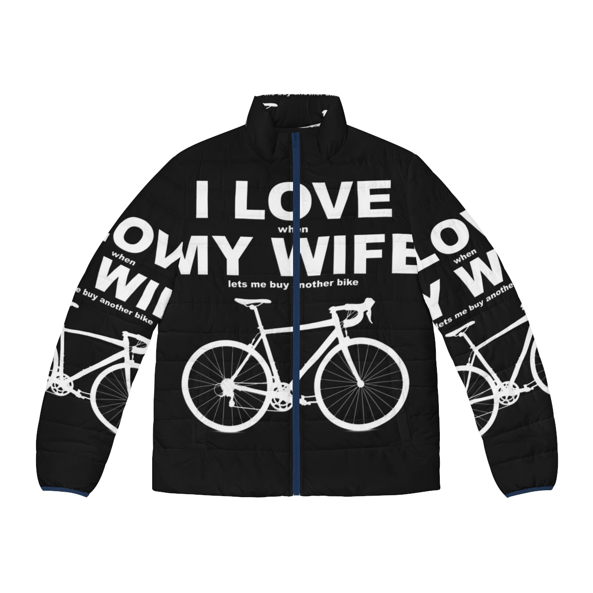 Cyclist wearing "I Love My Wife" puffer jacket