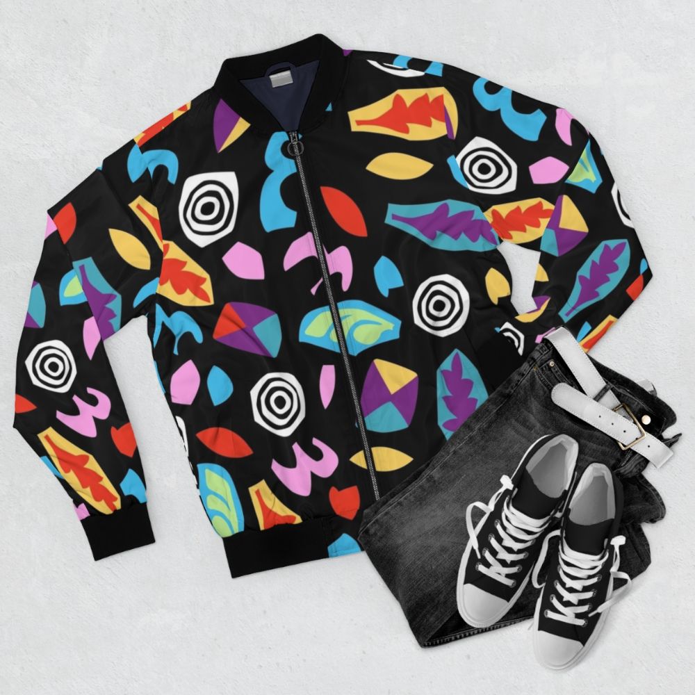 Stranger Things Eleven's Bomber Jacket with Colorful Retro Pattern - Flat lay