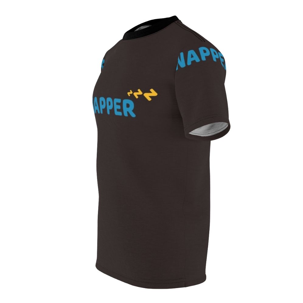 A comfortable all-over print t-shirt featuring the text "Naps Fix Everything Hobbies Include Napping" - men left