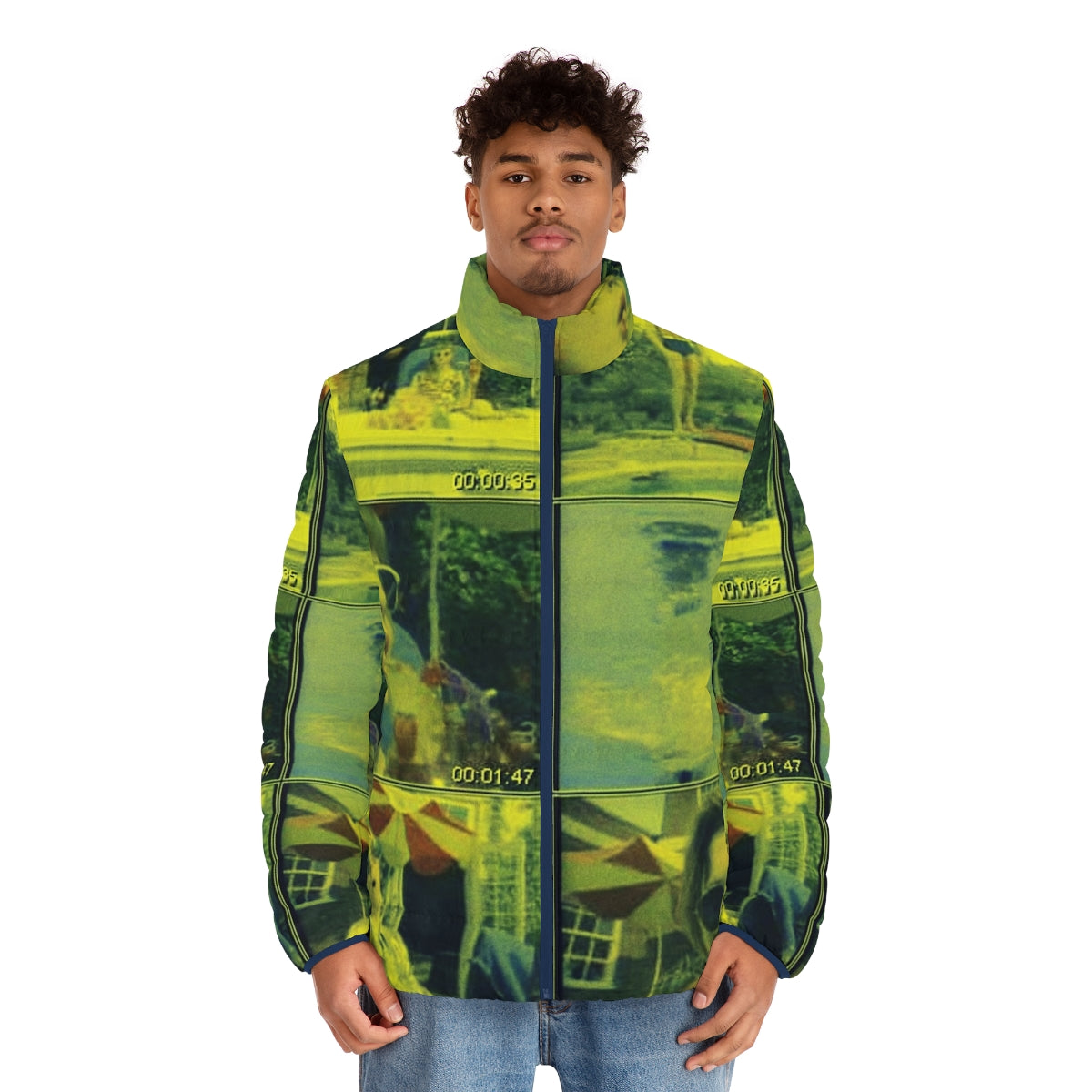 Retro Indie Puffer Jacket featuring Hot Dog Jumping Frog Albuquerque design - men front