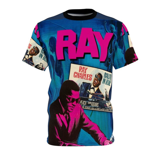 Graphic T-shirt design featuring Ray Charles, the legendary blues, soul, and R&B musician.