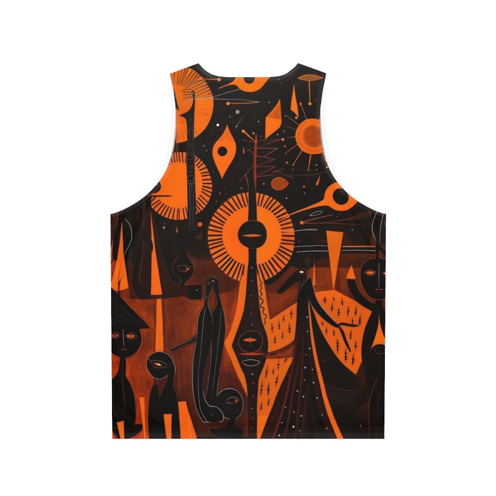 Unisex tank top with nature-inspired woodcut artwork featuring ancient spiritual symbols - Back