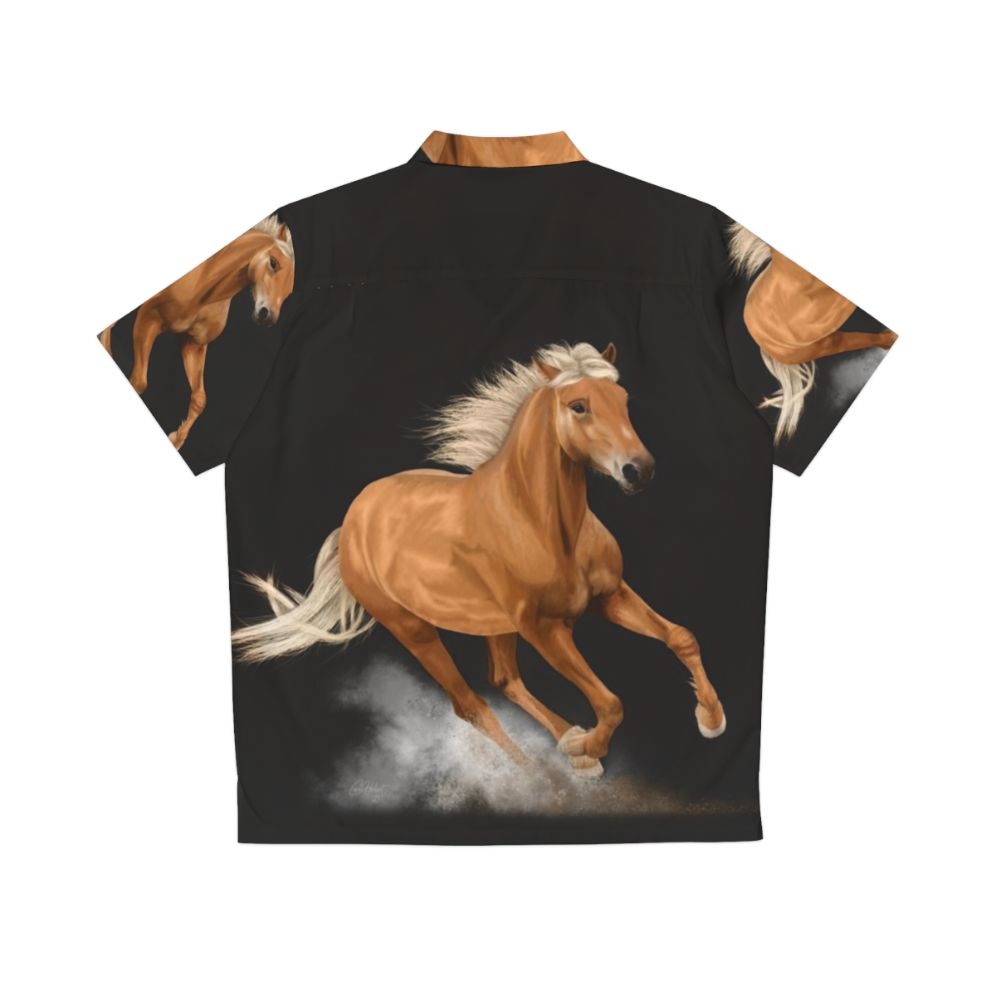 Vibrant painting of a running palomino horse on a Hawaiian shirt - Back