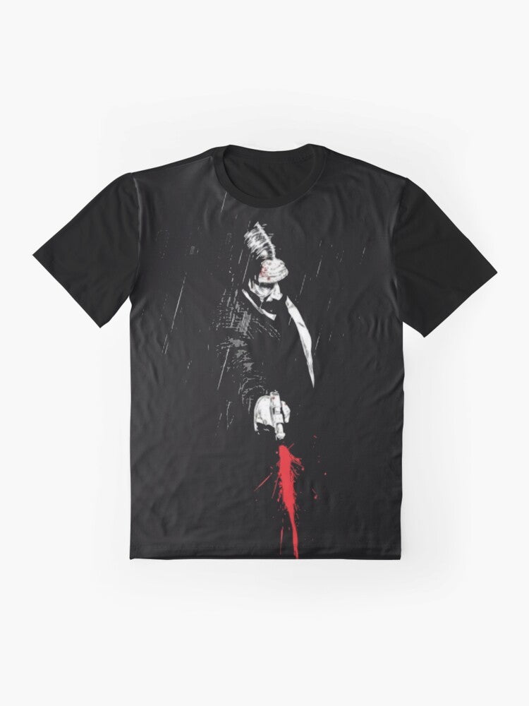 Baba Yaga graphic t-shirt design featuring a blood-red illustration - Flat lay