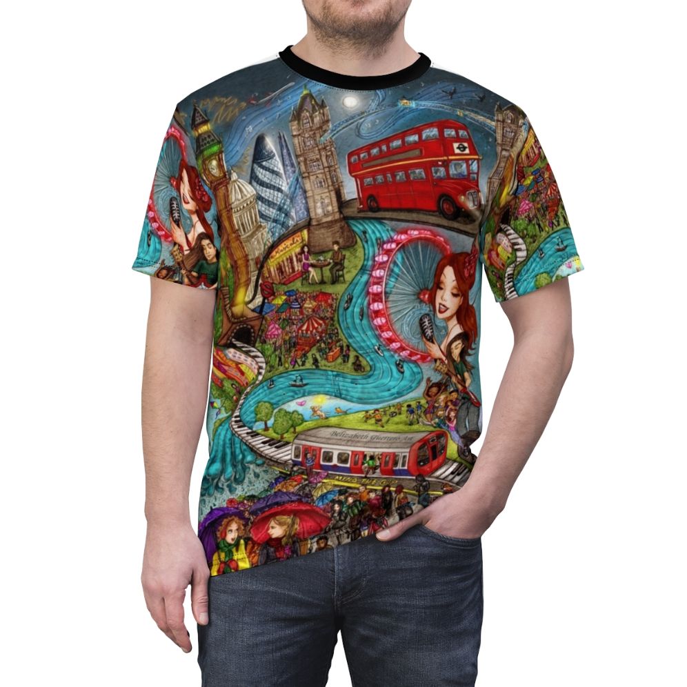 Customizable t-shirt featuring a bold urban design capturing the diverse sounds of London - men front