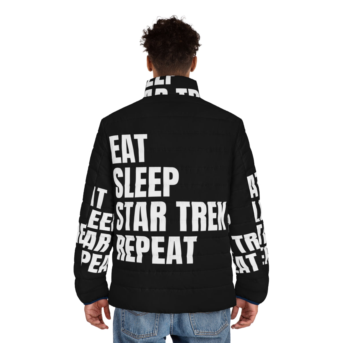 Star Trek Eat Sleep Repeat Puffer Jacket with Enterprise NCC-1701 vector design - men back