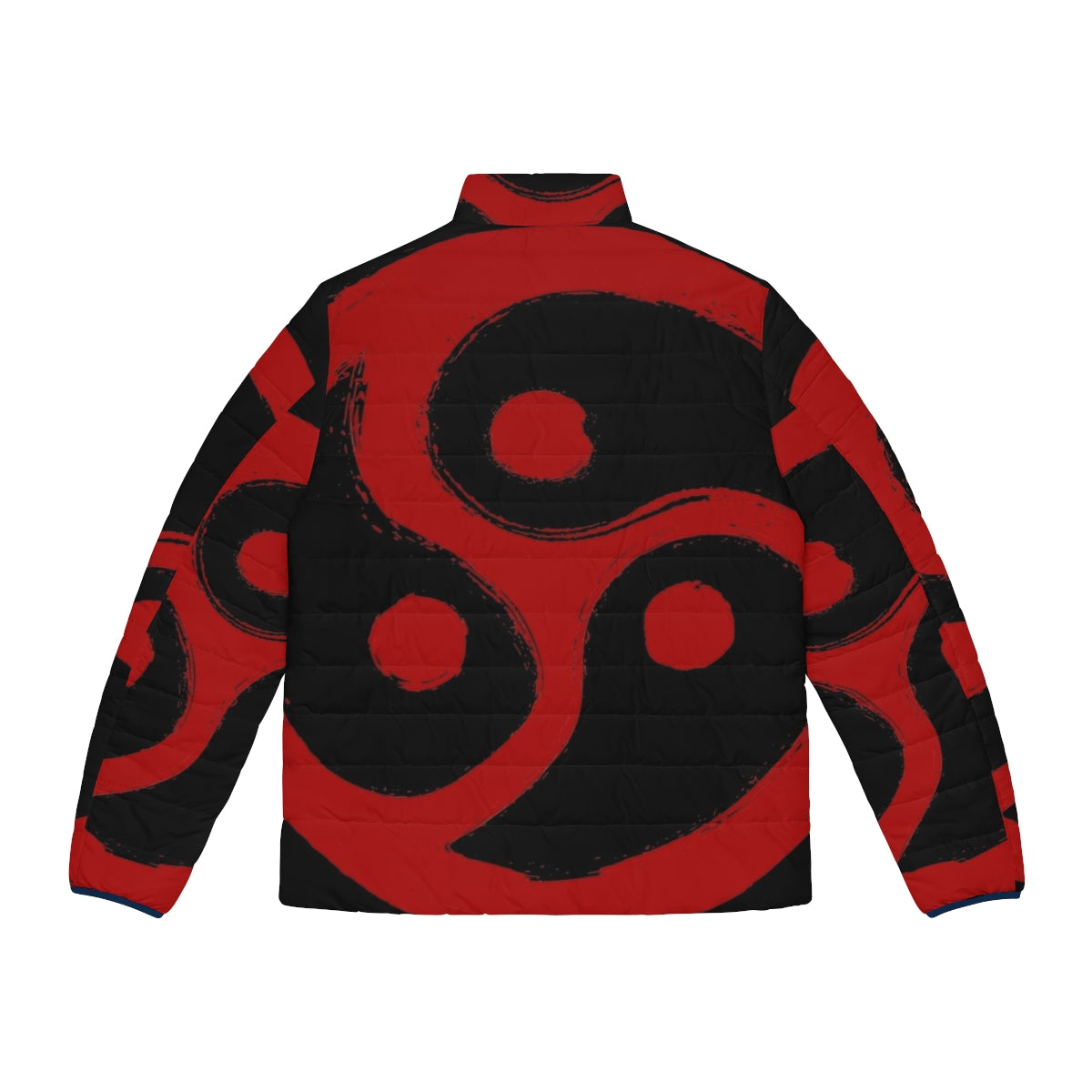 Red puffer jacket with triskelion design, BDSM and fetish inspired fashion - Back