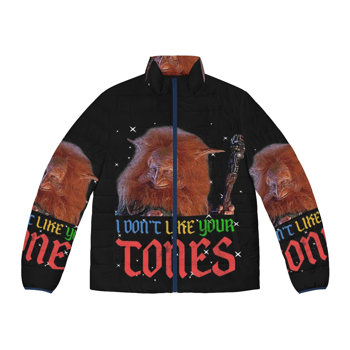 Vibrant 80s "I Don't Like Your Tone" puffer jacket inspired by Masters of the Universe