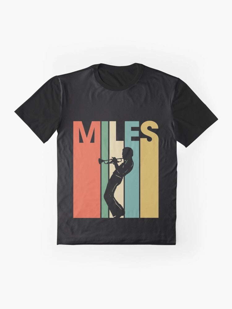 Retro graphic t-shirt featuring a blue trumpet with the words "Miles Davis" in a vintage-inspired design. - Flat lay