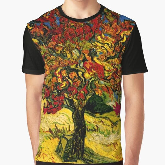 Vibrant t-shirt featuring Van Gogh's Mulberry Tree painting in a colorful, bohemian design