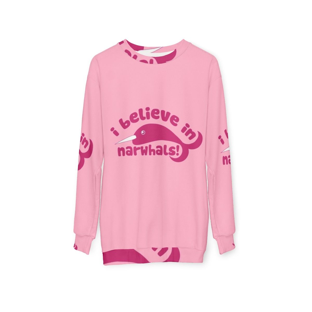 Pink sweatshirt with graphic of a cute narwhal and the text "I Believe in Narwhals" - hanging