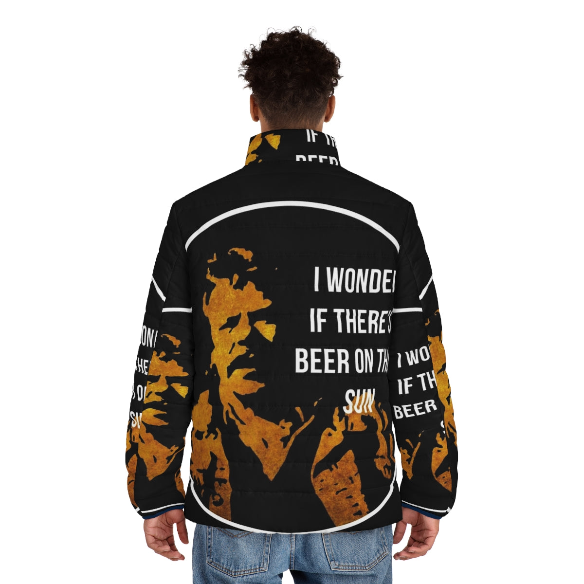 A puffer jacket featuring the iconic "Zap Rowsdower" beer quote from the cult classic film "The Final Sacrifice" - men back