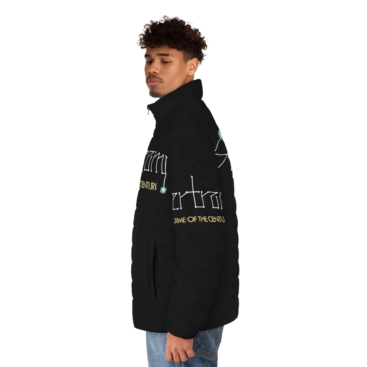 Supertramp-themed puffer jacket featuring the iconic band's logo and vintage-inspired design - men side left