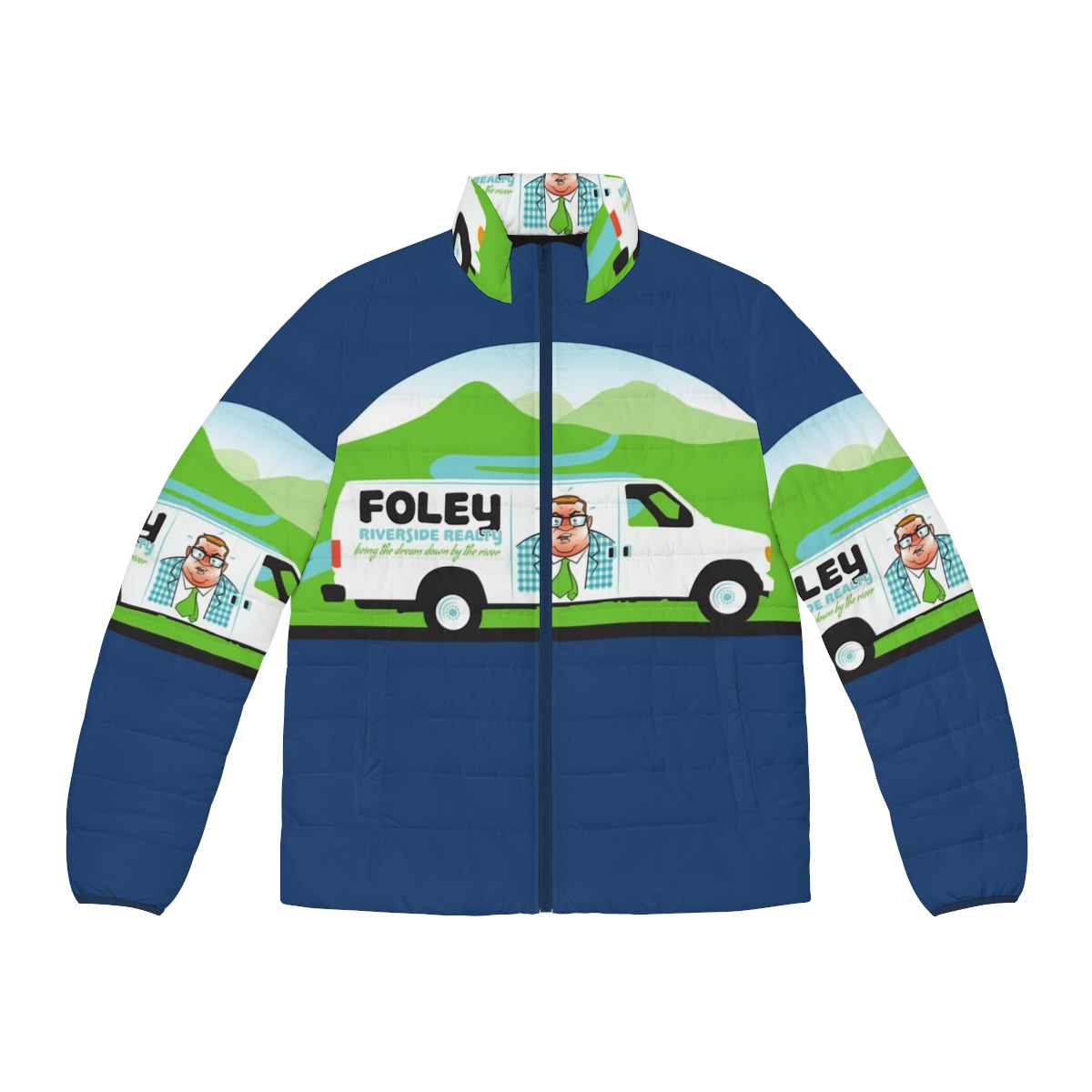 Puffer jacket with "Foley Riverside Realty" branding, inspired by Chris Farley's iconic "down by the river" character from Saturday Night Live