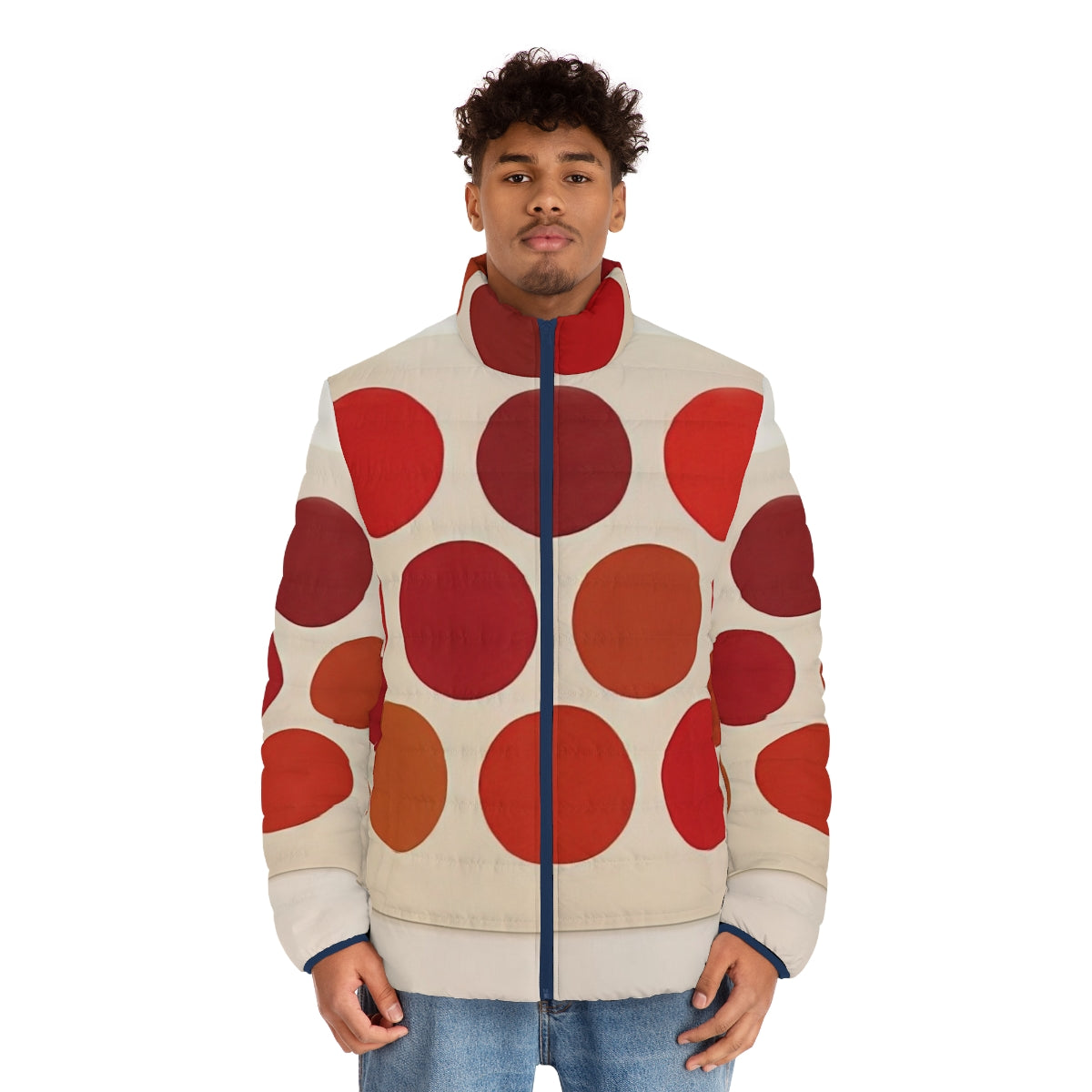 Red puffer jacket with vibrant dot patterns, designed by American artist Thomas Downing - men front