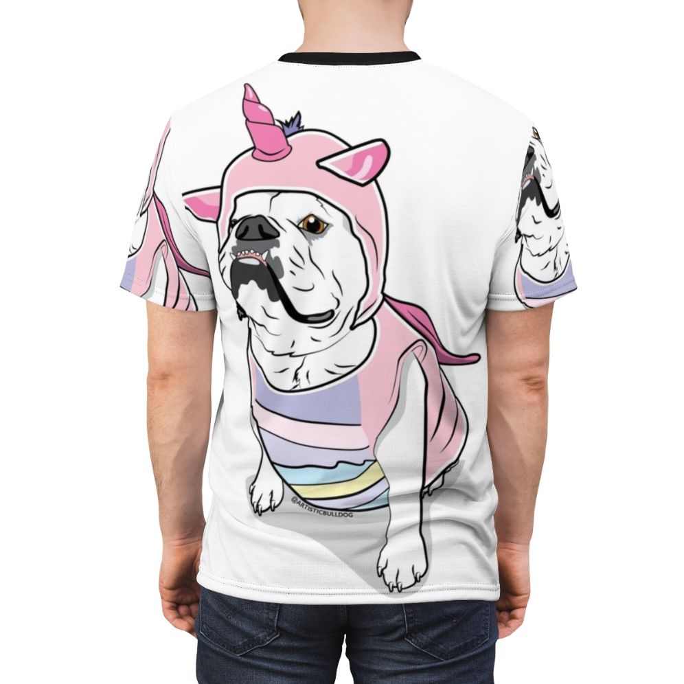 A t-shirt featuring a bulldog unicorn digital illustration - men back