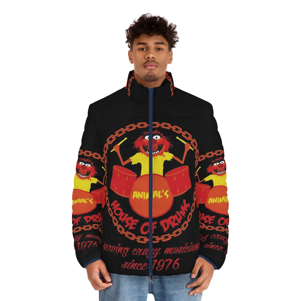 A cozy puffer jacket featuring Muppet characters and drumming motifs - men front