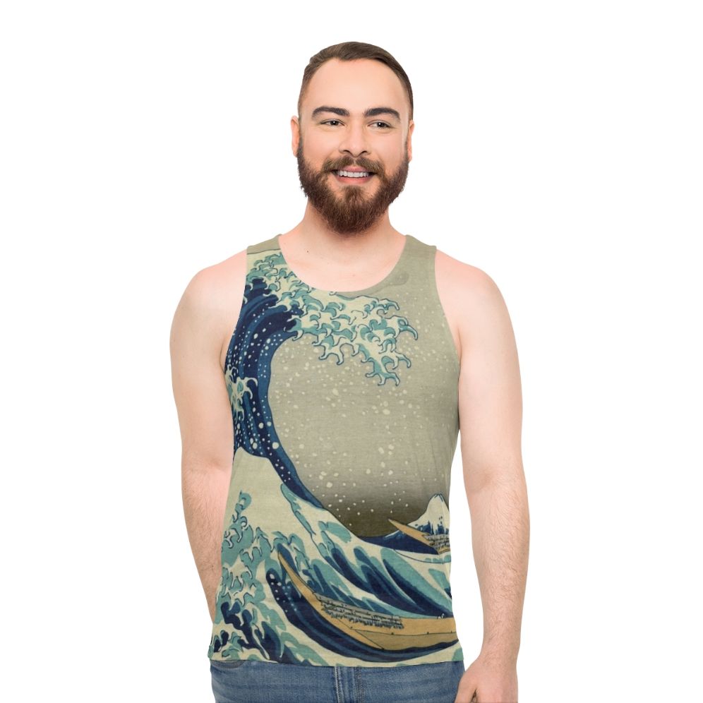 Unisex tank top featuring Hokusai's iconic Kanagawa Wave design - men