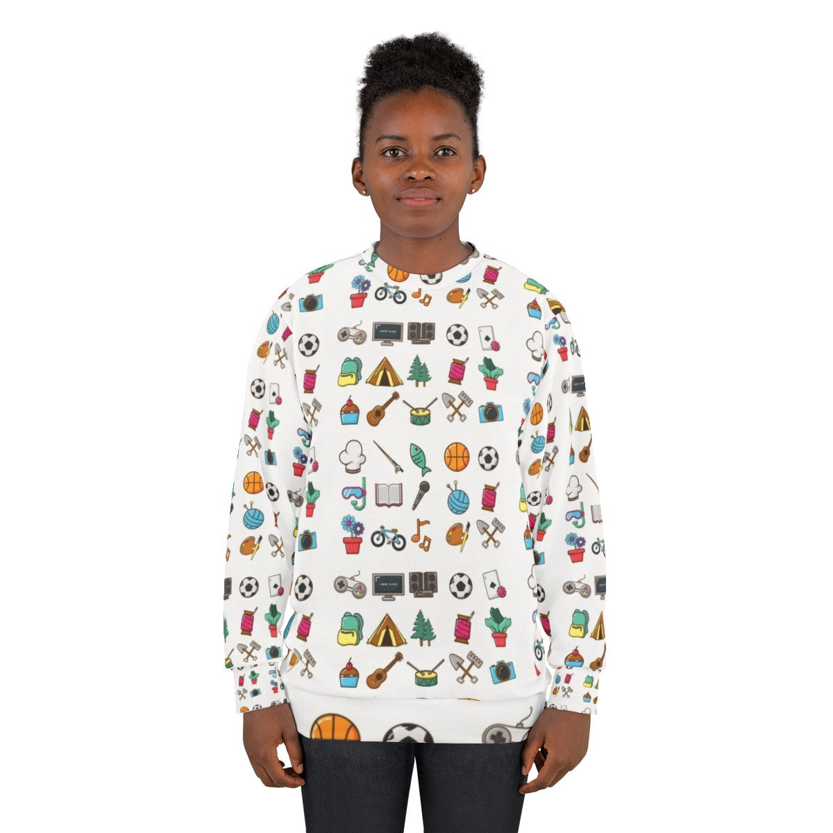 Hobbies Sticker Pack Sweatshirt featuring various hobby icons - women