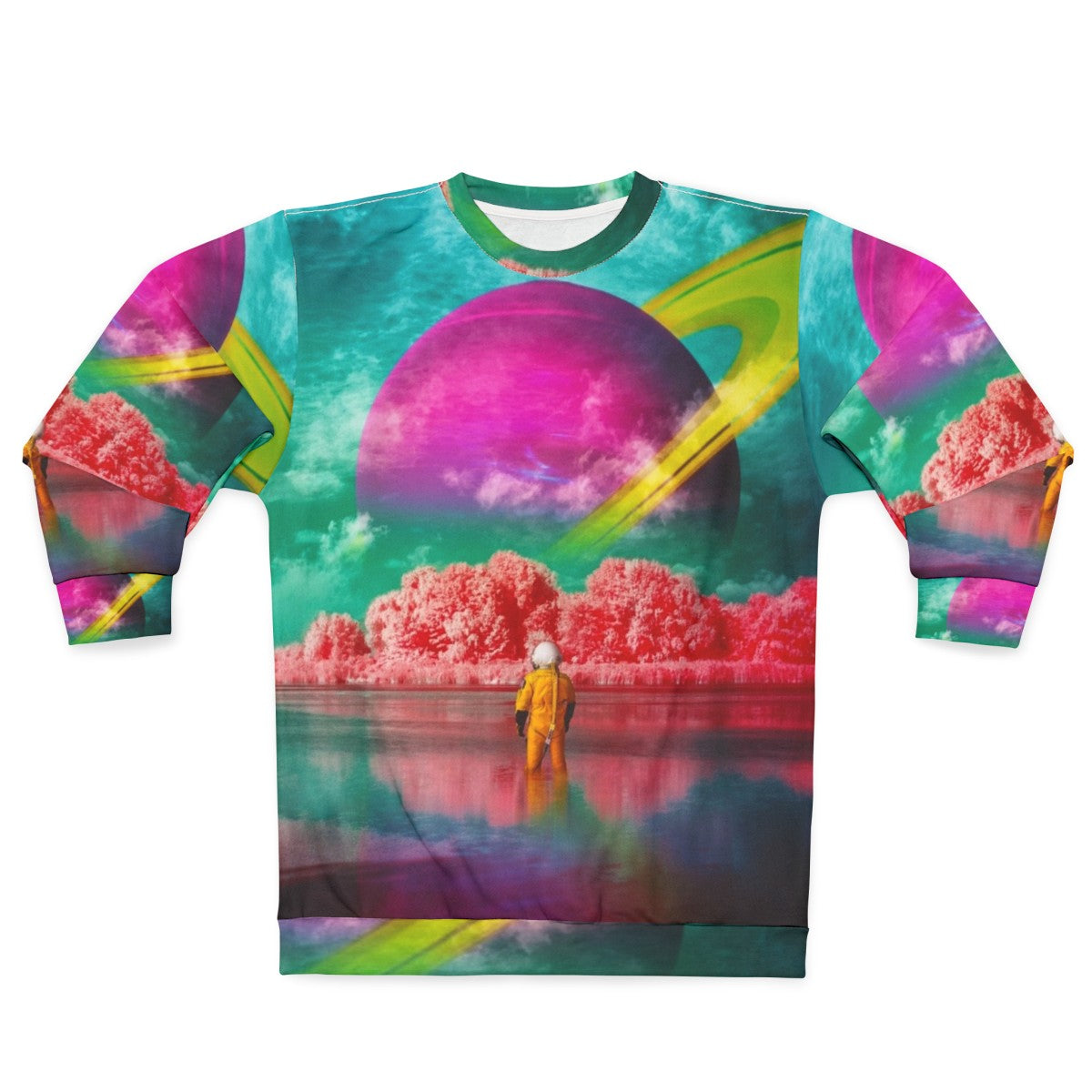 Surreal digital art sweatshirt with river and astronaut design