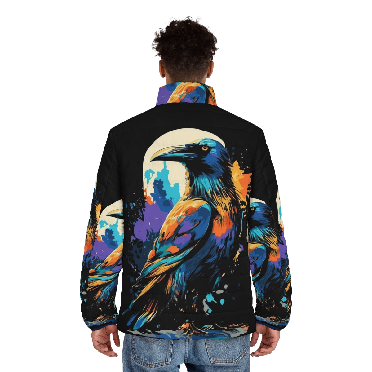 Colorful puffer jacket with a raven design for winter - men back