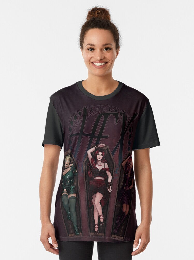 Spooky "Bad Dreams, Sisters" graphic t-shirt with hex, witches, coffins, and other dark, creepy elements - Women