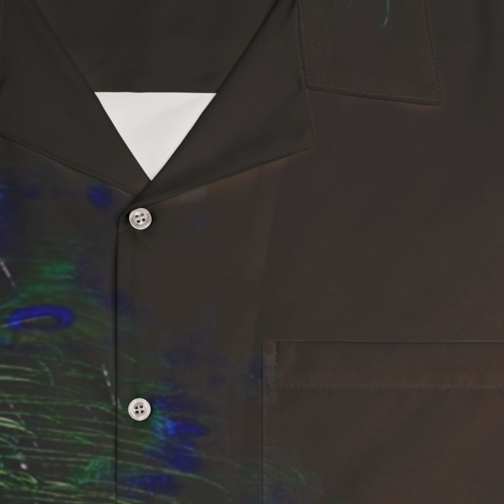 Peacock feathers in a modern, abstract design on a black background Hawaiian shirt - Detail