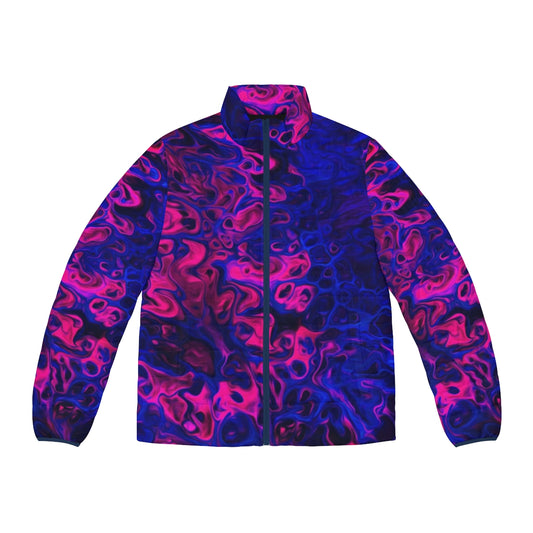 Blacklight Puffer Jacket featuring abstract, psychedelic marbled artwork