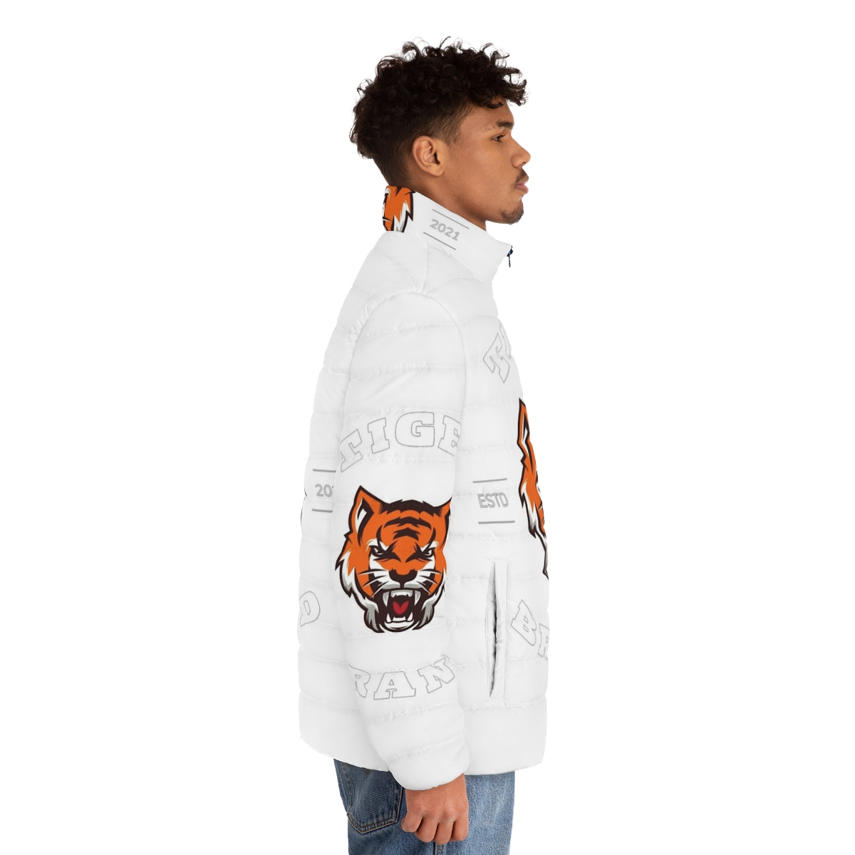 Colorful tiger print puffer jacket - men side right