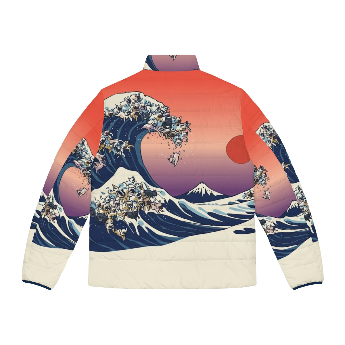 A French bulldog wearing a stylish puffer jacket with a Hokusai wave design. - Back