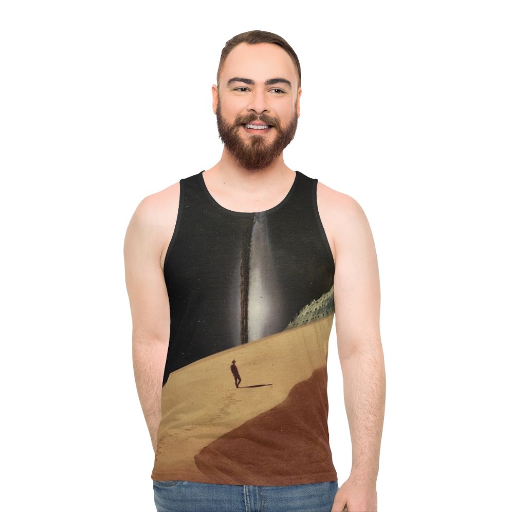 Retro collage design tank top depicting a dreamy desert landscape with stars and space elements - men