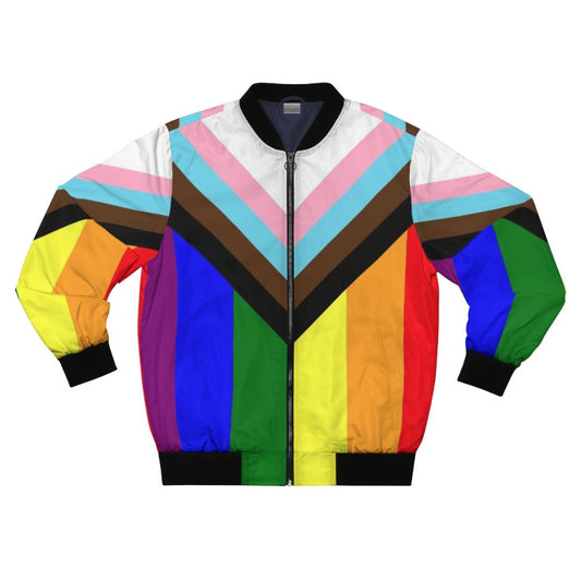 LGBTQ Progress Pride Flag Bomber Jacket with vibrant rainbow colors