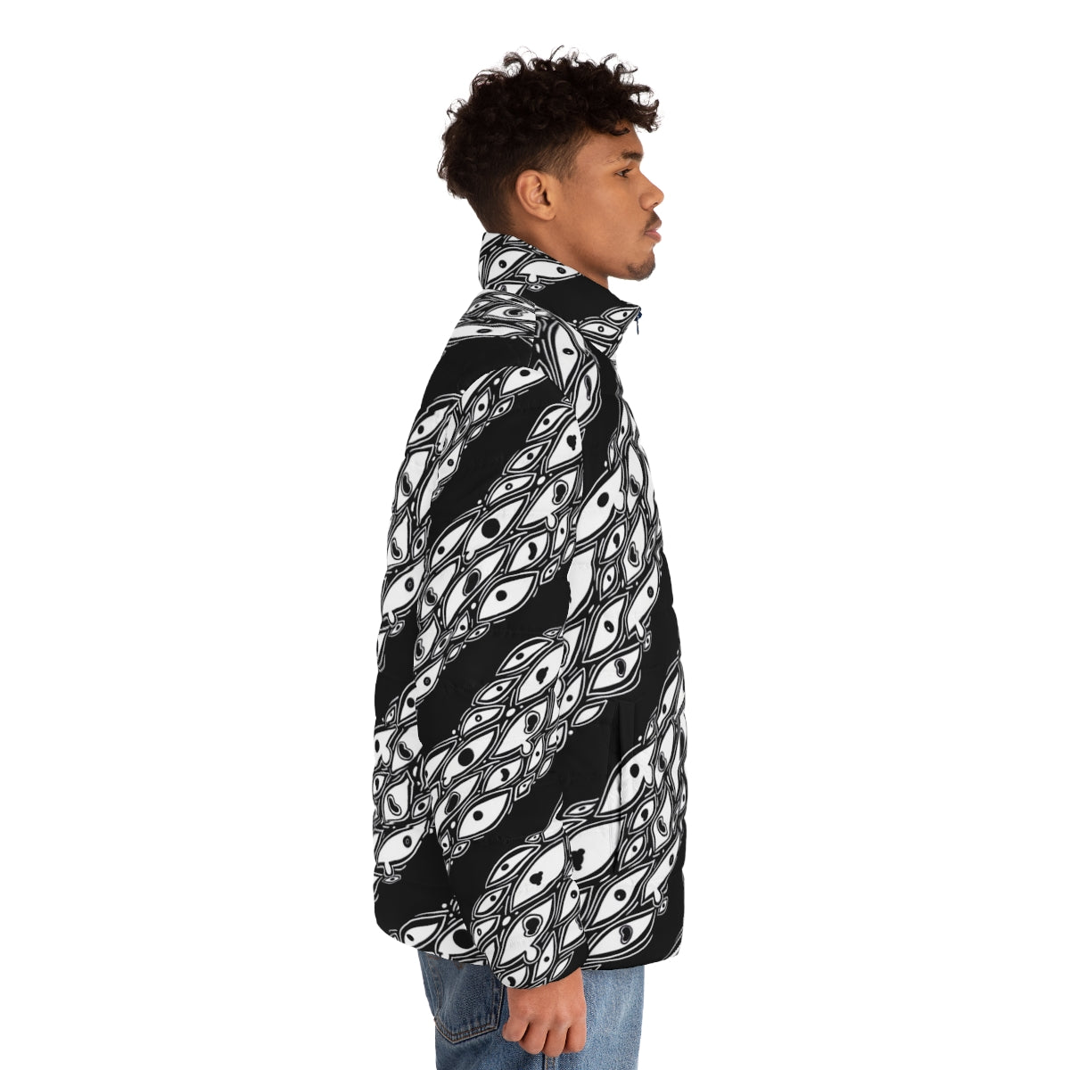 Puffer jacket with an unsettling eyes pattern design - perfect for Halloween and horror enthusiasts. - men side right