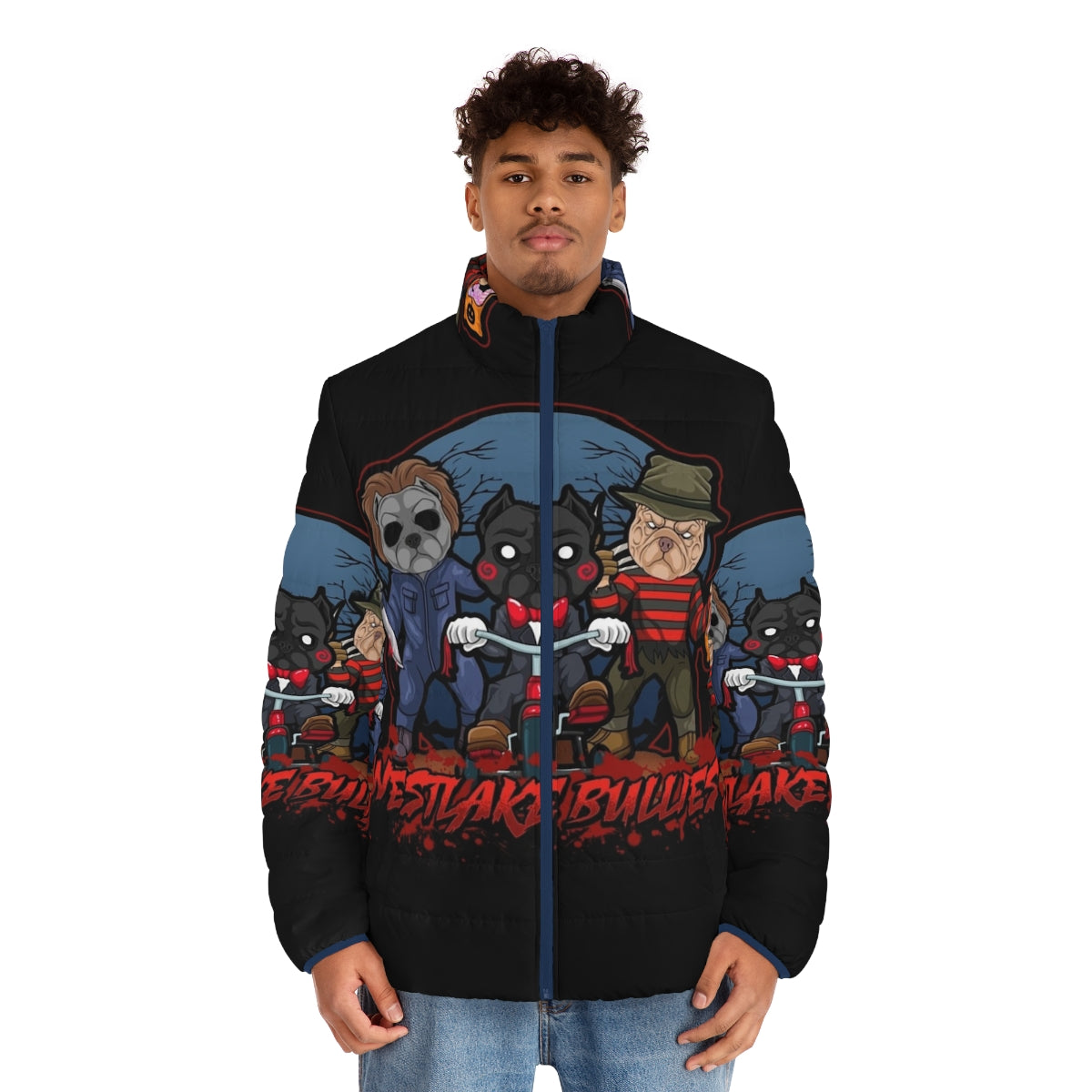 A cozy puffer jacket featuring a spooky pitties design, perfect for the Halloween season. - men front