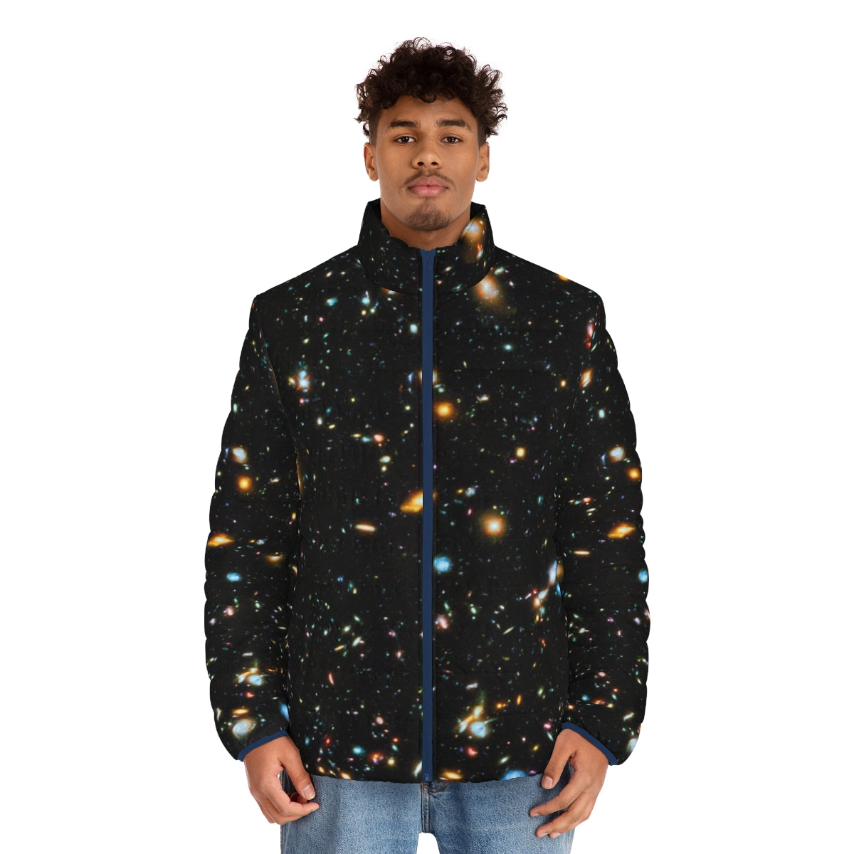 Hubble Extreme Deep Field inspired puffer jacket with star field design - men front