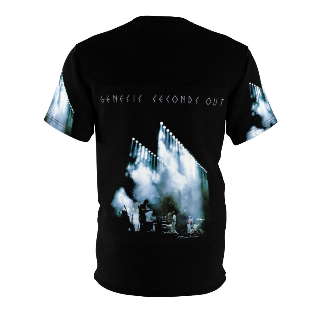 Vintage-style t-shirt design inspired by the Genesis album 'Seconds Out', featuring retro imagery and elements from the band's early progressive rock era. - Back