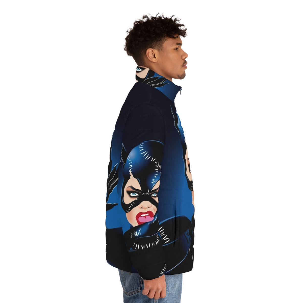 Model wearing a puffer jacket with Alejandro Mogollo's art design - men side right