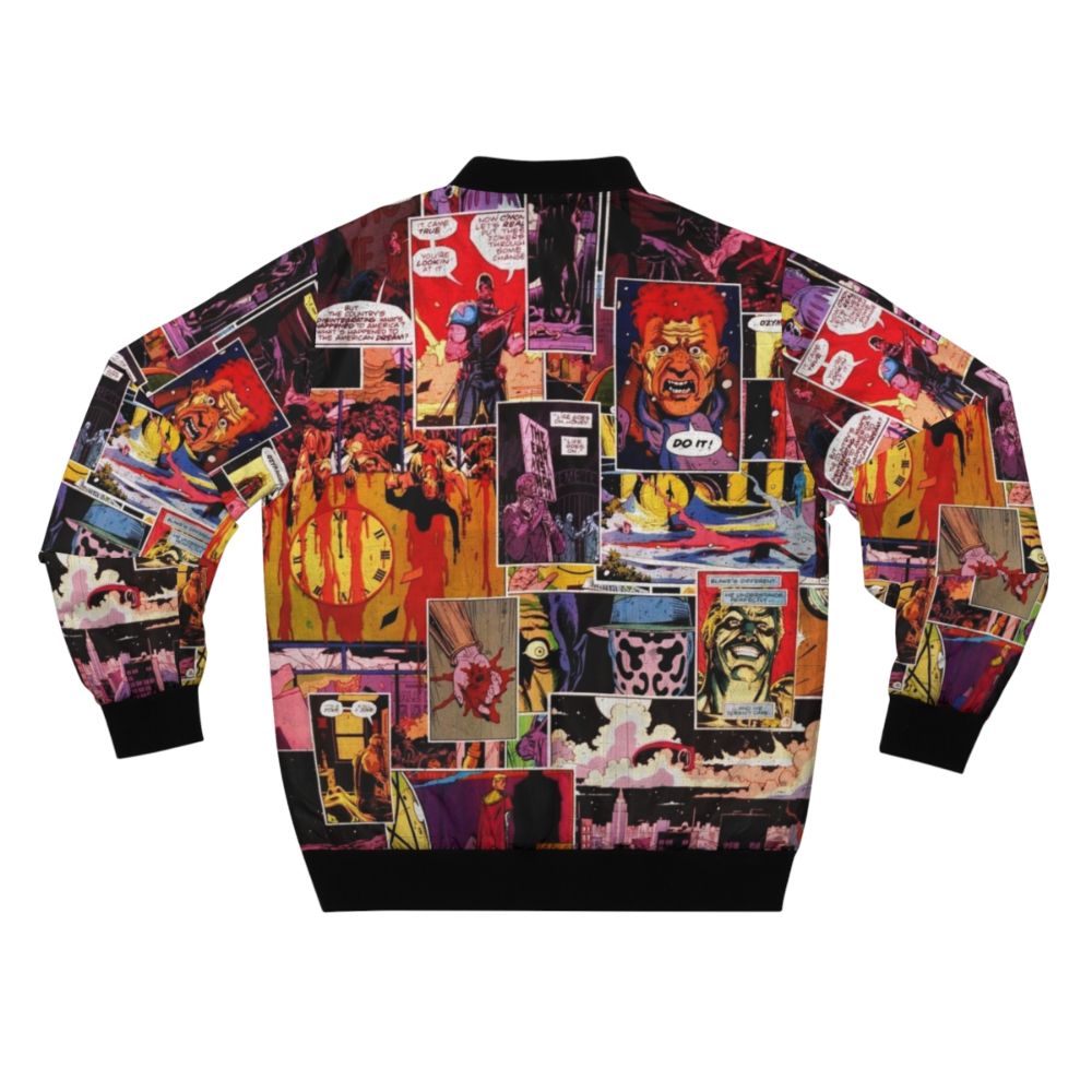 Watchmen comic book superhero bomber jacket featuring a collage of iconic characters and panels - Back