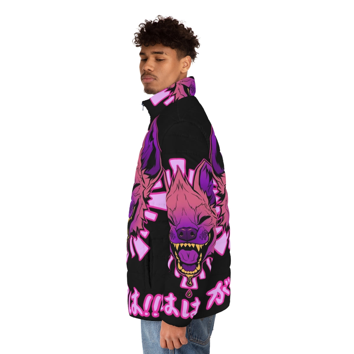 Hyena puffer jacket with adorable Japanese and vaporwave design - men side left