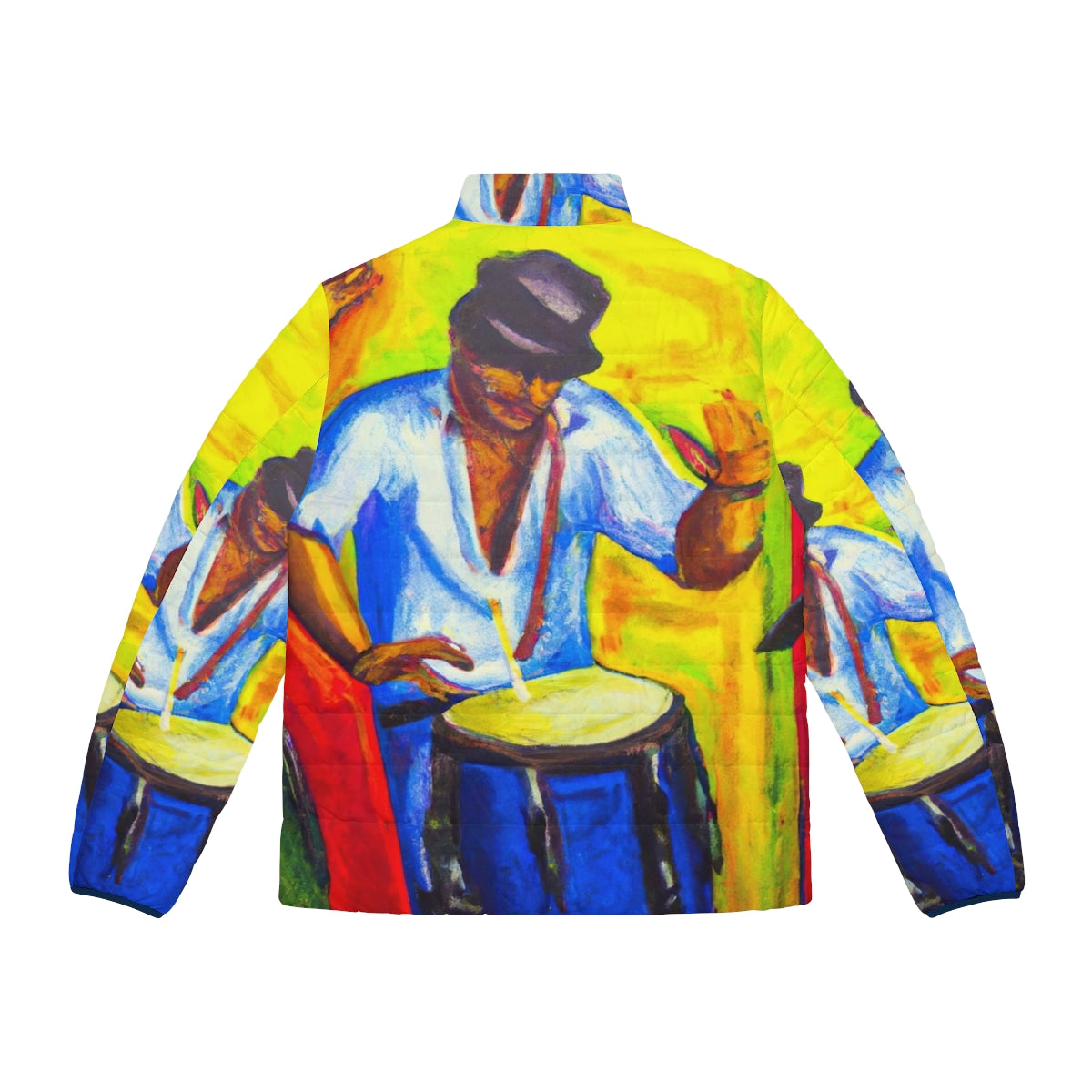 Colorful puffer jacket with oil painting design featuring rumba and latin music elements - Back