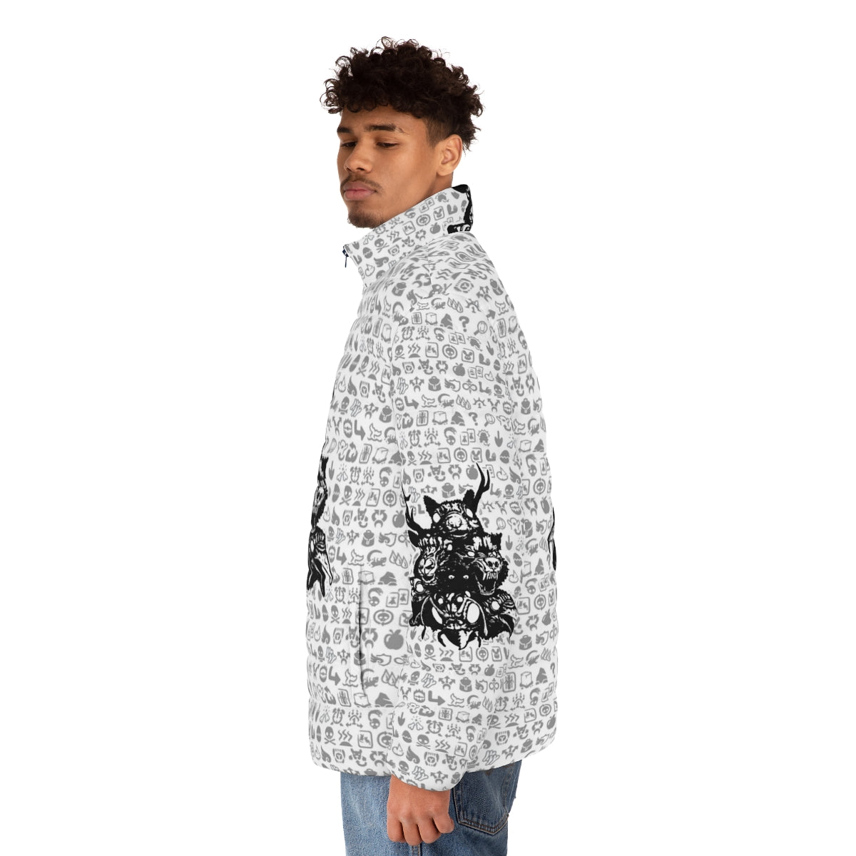 Puffer jacket with totemic animal sigils design - men side left