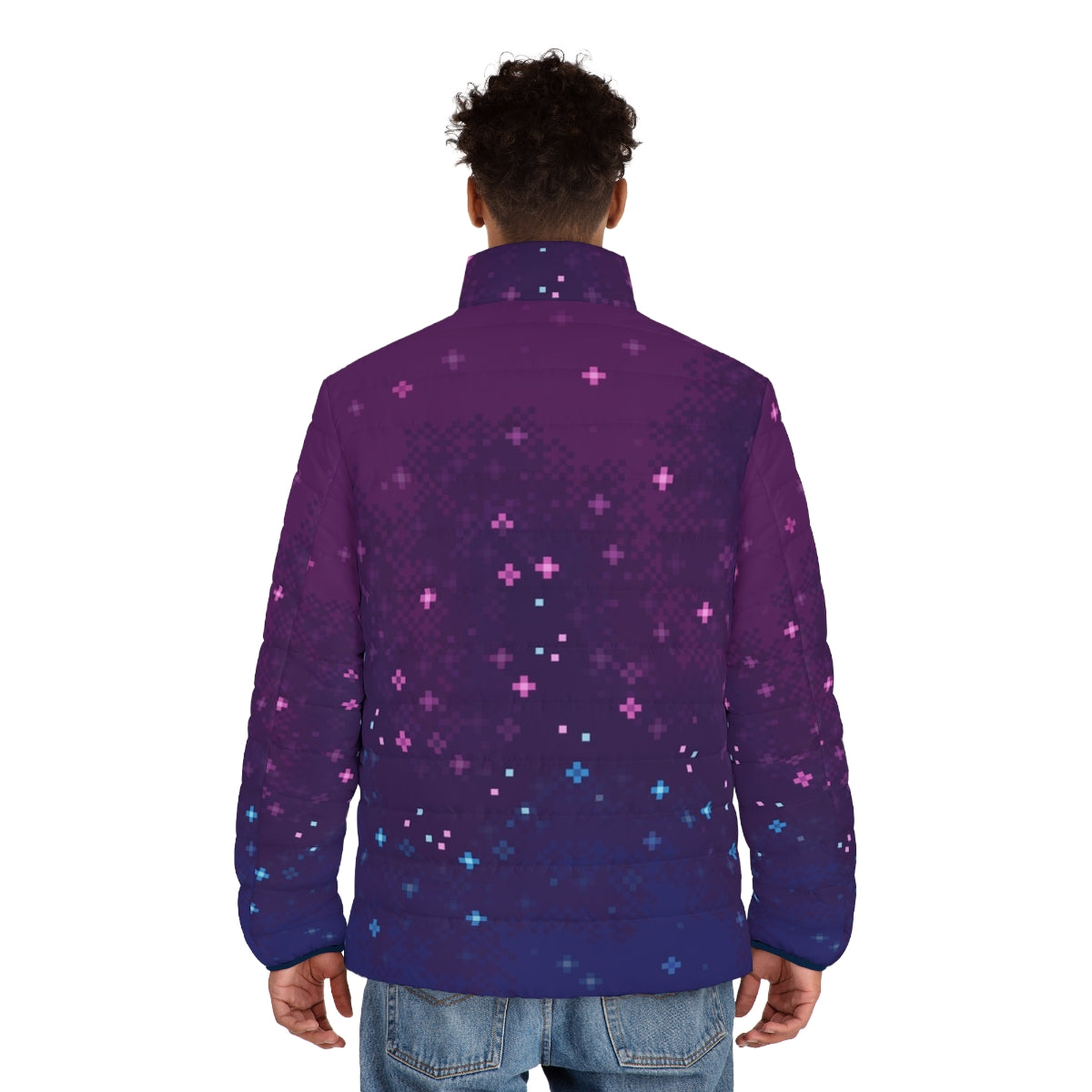 Bi Pride Galactic 8-Bit Puffer Jacket featuring a vibrant pixel art design of the bisexual pride flag in a cosmic galaxy setting - men back