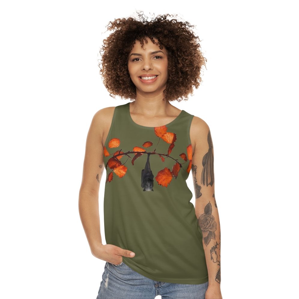 Moss green unisex tank top with cute bats hanging on leaves - women