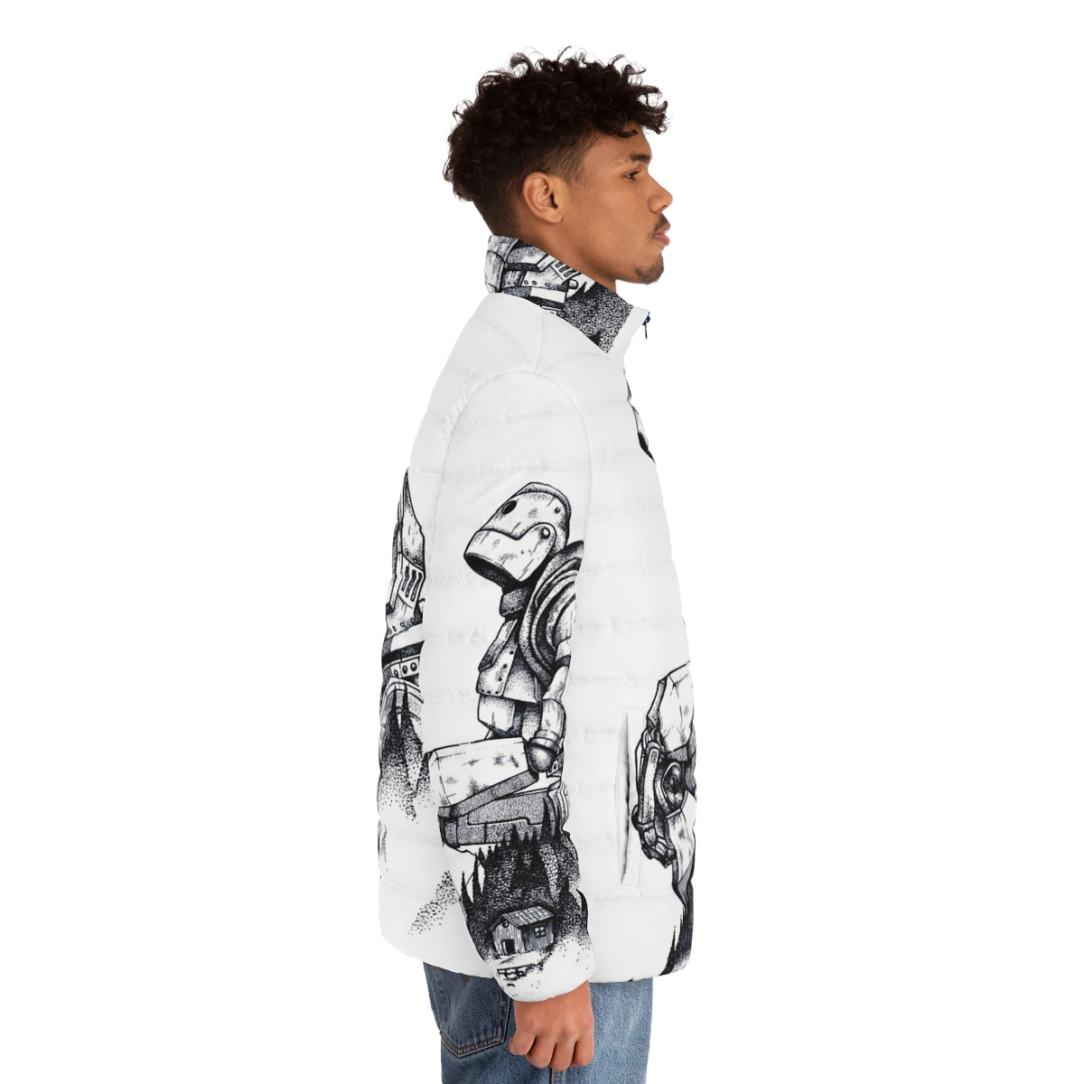 Iron Giant puffer jacket with a pointillistic design featuring the beloved robot hero in a forest setting - men side right