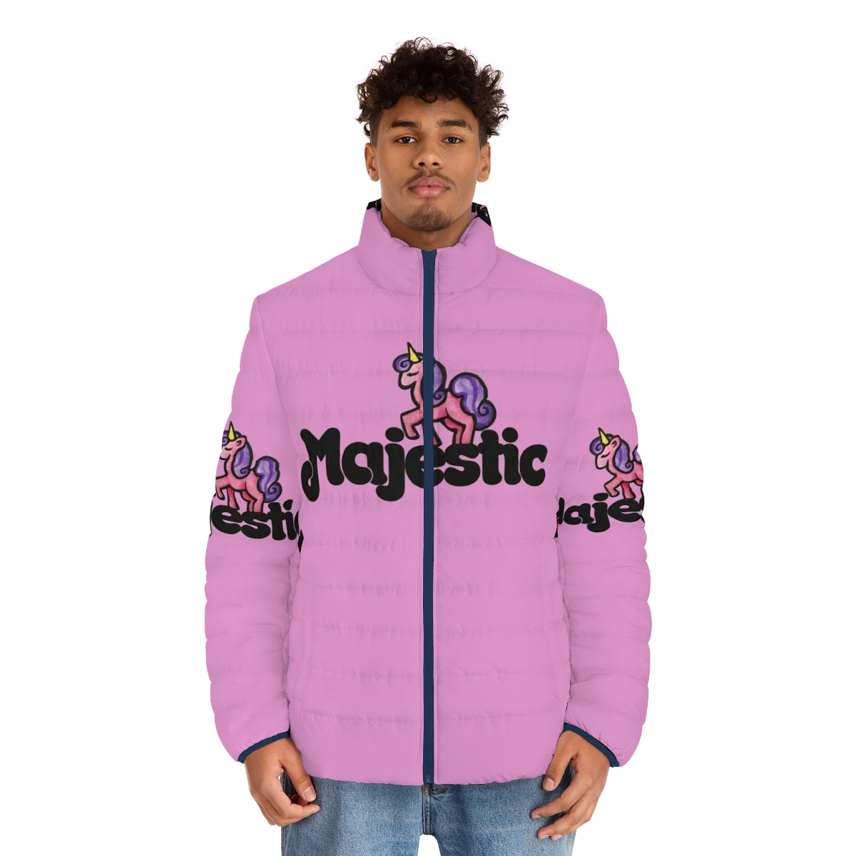 Majestic unicorn puffer jacket in a vibrant pink color with a whimsical unicorn design - men front