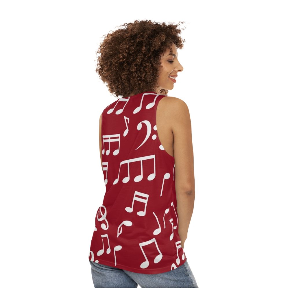 White music notes unisex tank top with red background - women back