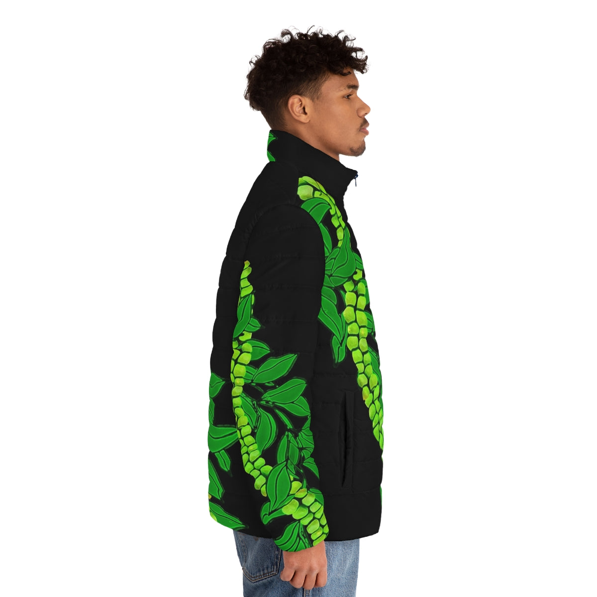 Woman wearing a Maile And Mokihana puffer jacket in a Hawaiian-inspired floral print - men side right