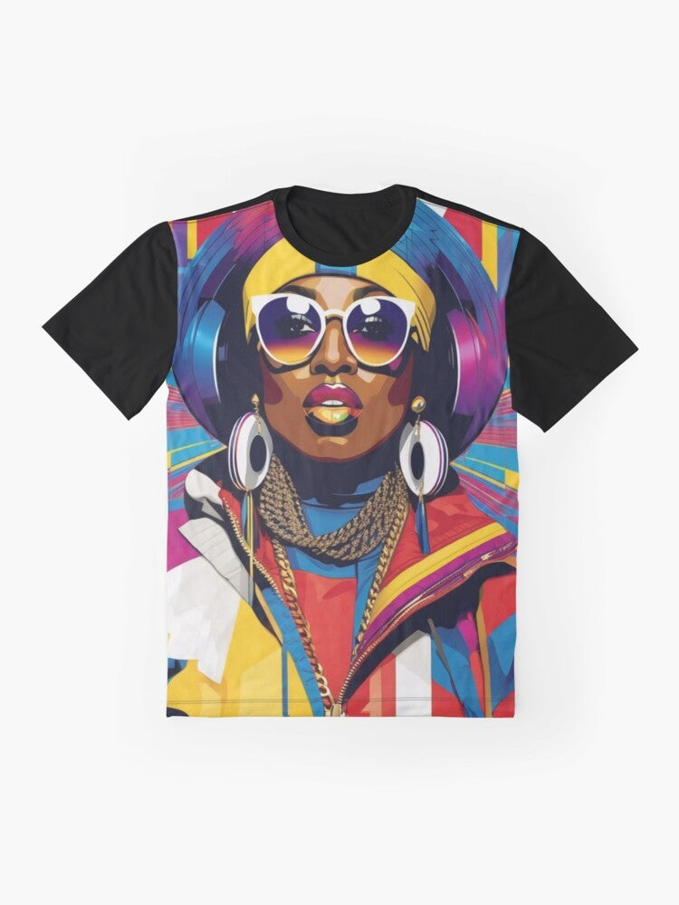 Missy Elliot wearing vibrant, colorful graphic t-shirt with headphones and sunglasses - Flat lay