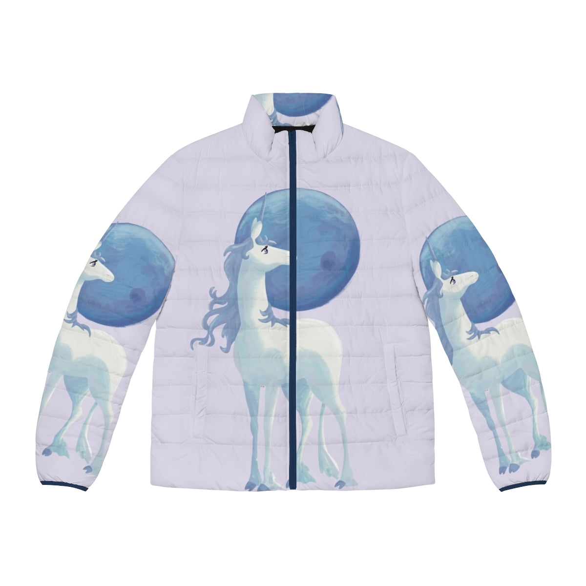 The Last Unicorn Puffer Jacket with a mythical creature design