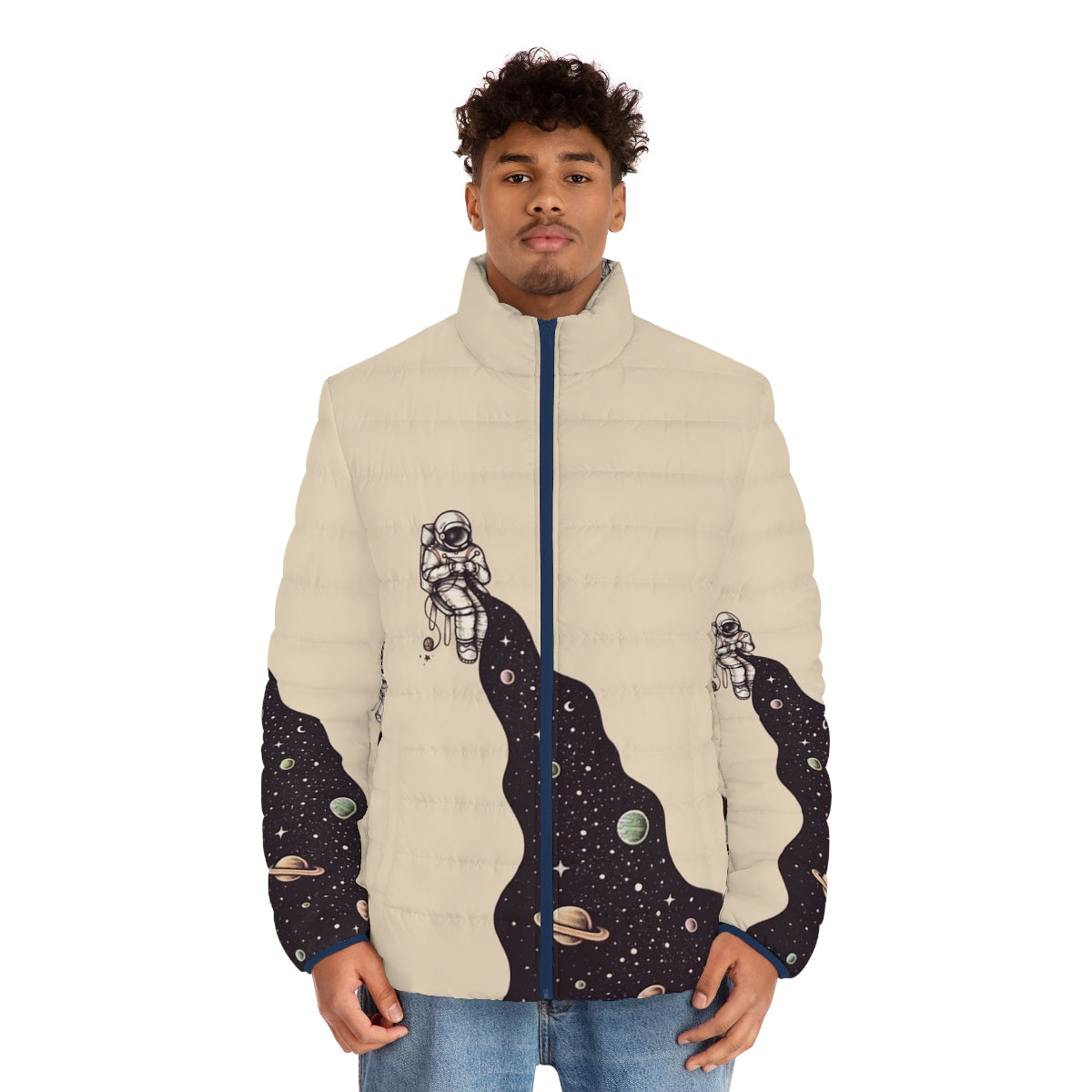 Puffer jacket with cosmic space design featuring astronauts, planets, and stars - men front